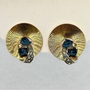 Marcel BOUCHER Art Deco Gold Tone Sapphire Crystal Disc Clip On Earrings Vintage